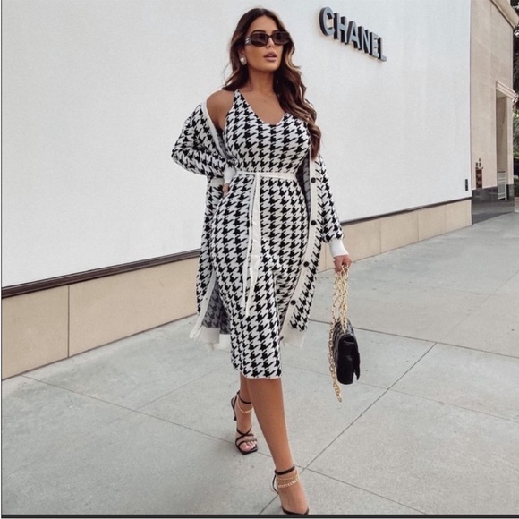 Chic Houndstooth Dress with Cardigan Set - Picture 1 of 1
